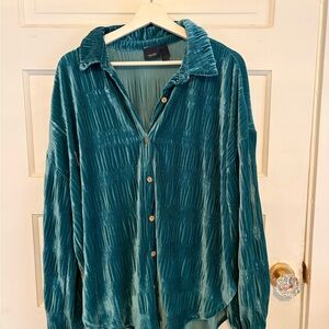 Teal Velvet Button-Up Top
